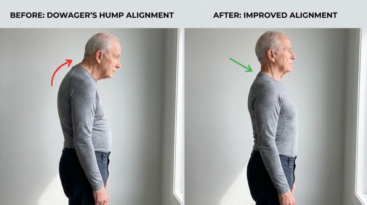 Side-by-side comparison of an older man with rounded upper back posture versus improved upright alignment after posture correction.