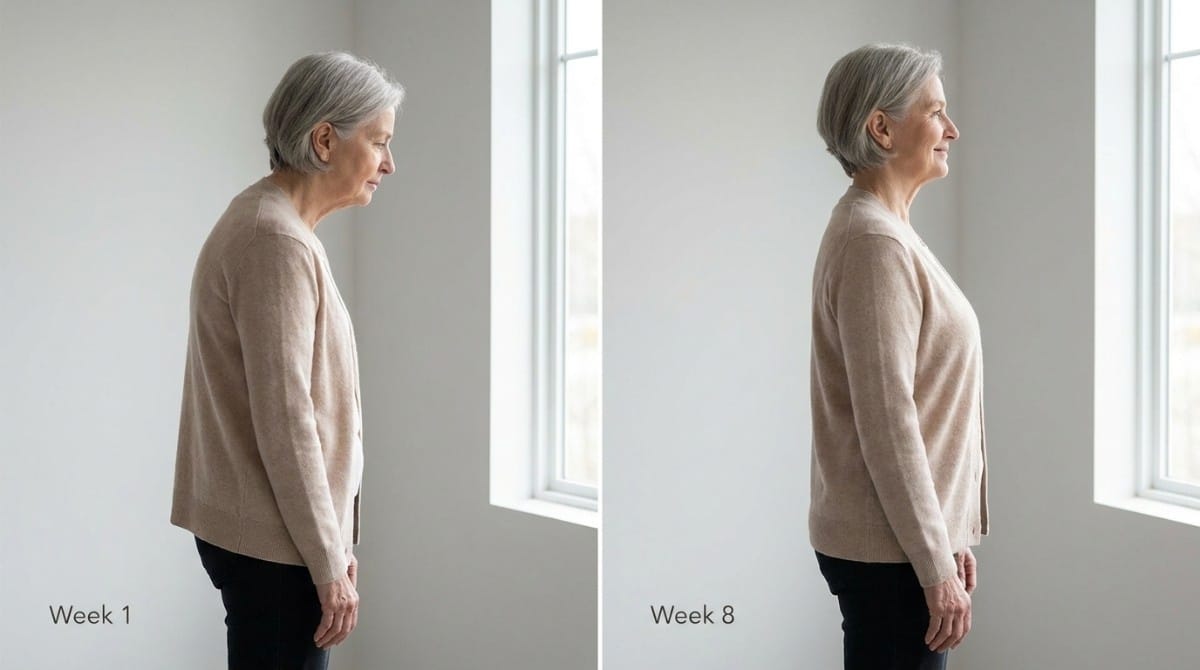Older woman shown in two stages, week 1 with slouched posture and week 8 with improved upright posture after consistent exercises.