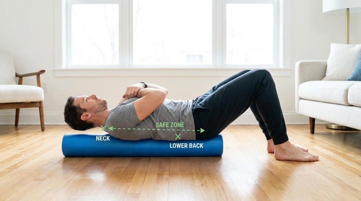 Man lying on foam roller demonstrating safe rolling zone between neck and lower back for proper spine alignment and injury prevention.