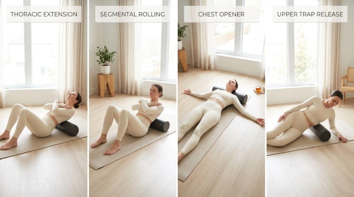 Four-step foam roller exercises showing thoracic extension, segmental rolling, chest opening stretch, and upper trapezius release for back pain relief.