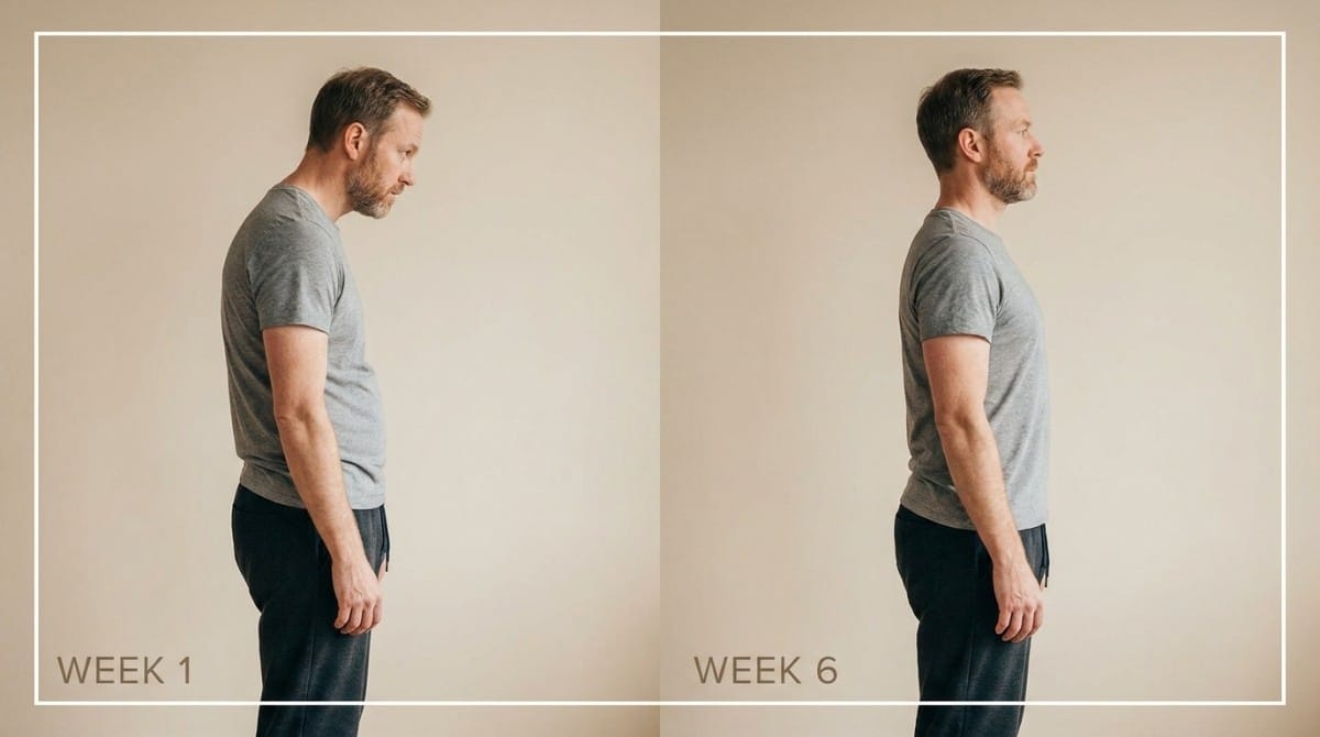 Side-by-side comparison of man’s posture before and after 6 weeks, showing improved upright stance and reduced slouching.