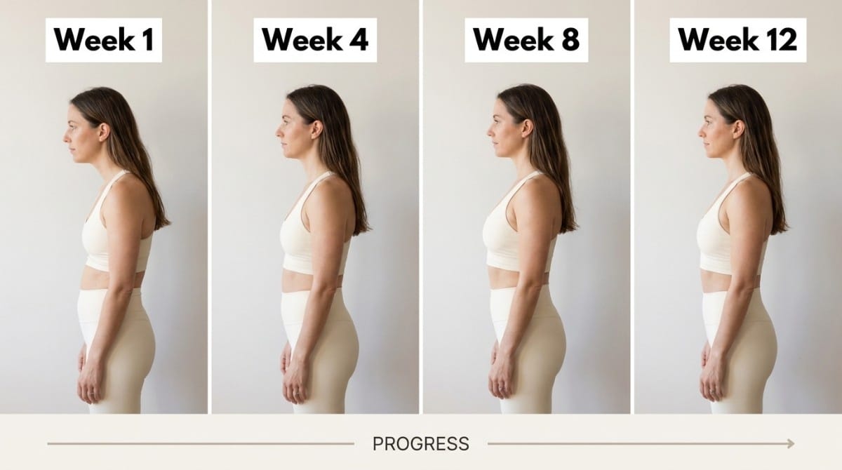 Side-by-side comparison of a woman’s posture from week 1 to week 12 showing gradual improvement in alignment and body posture.