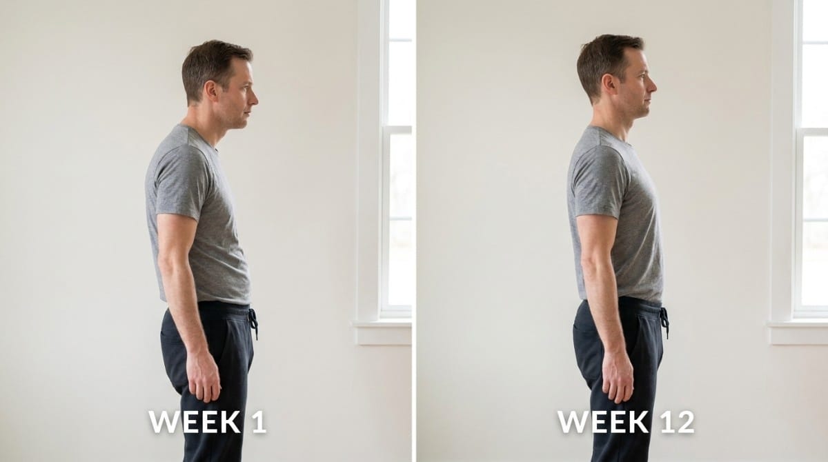 Side-by-side image of a man’s posture at week 1 and week 12, highlighting improved spine alignment and upright posture.