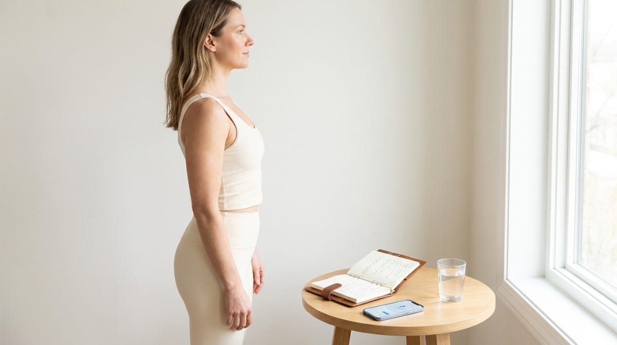 Woman standing upright near a window with a notebook, phone, and glass of water on a table, practicing good posture.
