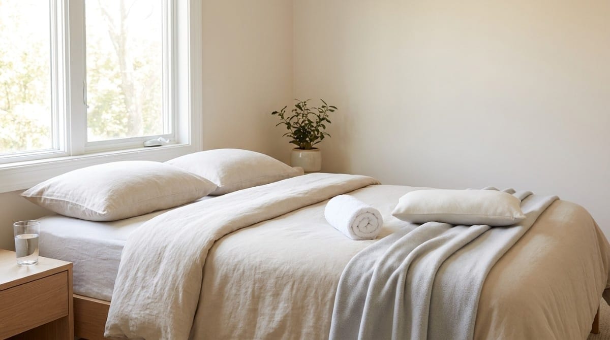 Neatly arranged bed with pillows, towel roll, and natural light setup for performing posture correction stretches at home.