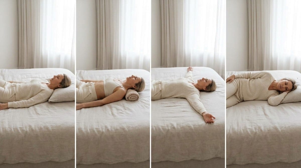 Sequence showing woman performing different bed stretches including chest opening, arm extension, and side-lying relaxation for posture improvement.