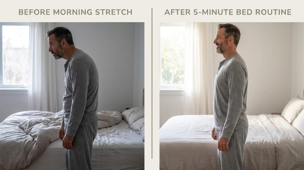 Side-by-side image of man with poor posture before stretching and improved upright posture after a 5-minute morning routine.