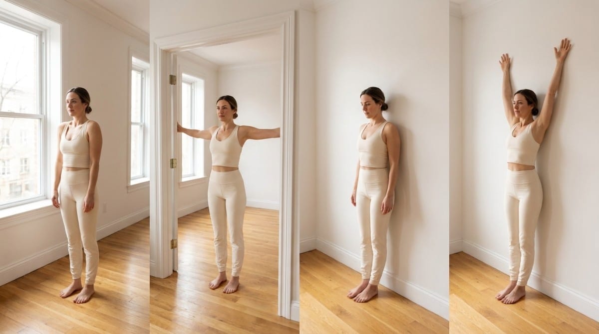 Woman demonstrating a four-step wall posture and shoulder mobility exercise sequence in a minimalist indoor space.