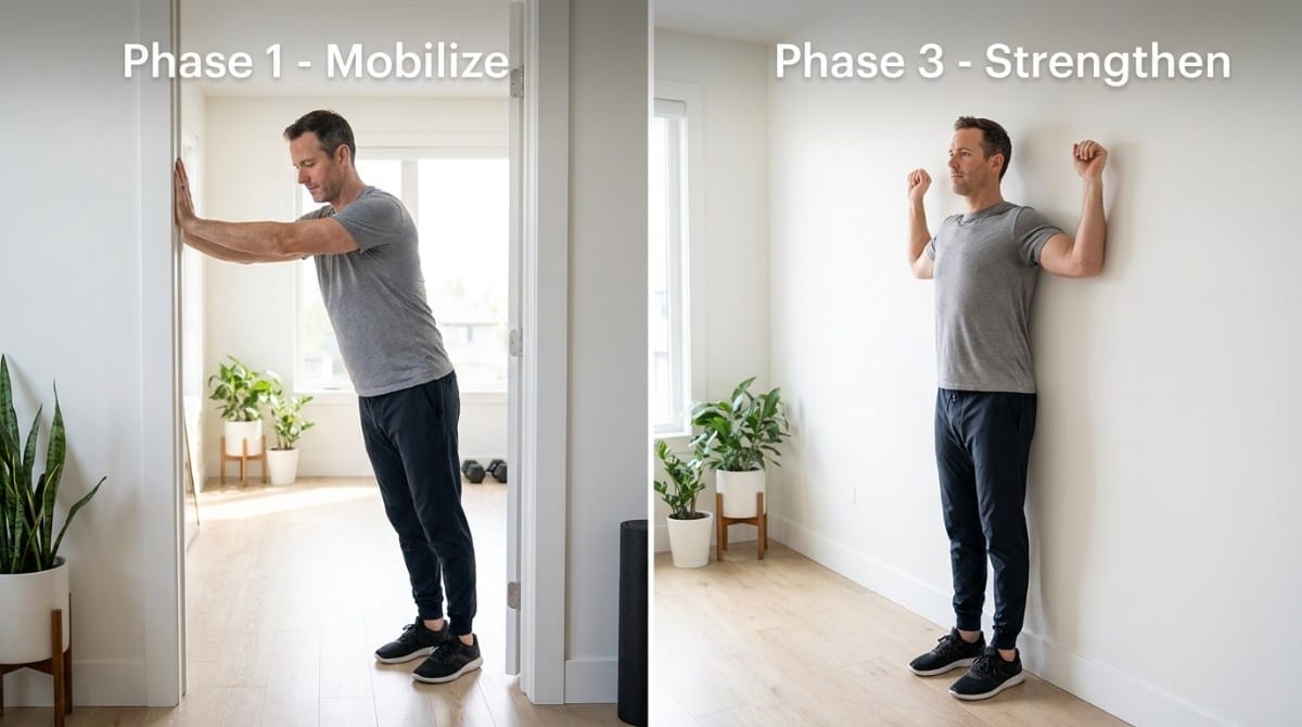 Split-screen image of a man performing wall mobility and strengthening exercises for posture correction and shoulder stability.