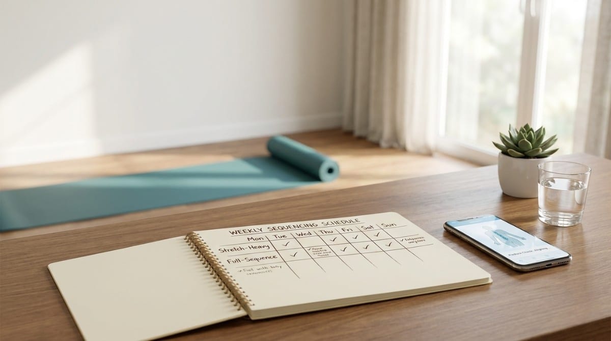 Notebook displaying a weekly posture exercise schedule beside a yoga mat, smartphone, and water glass in a bright home setting.