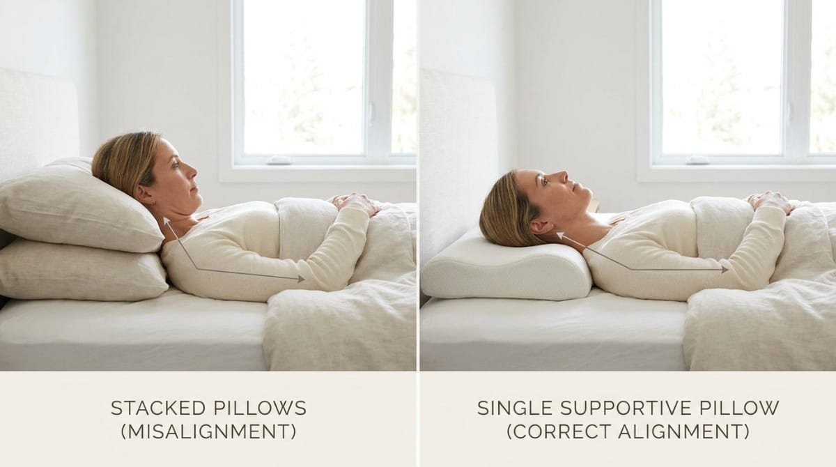 Side-by-side comparison of a woman sleeping with stacked pillows causing neck misalignment versus a single supportive pillow maintaining proper cervical alignment.