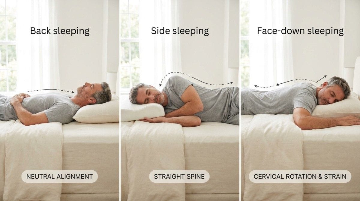 Illustration comparing back sleeping, side sleeping, and stomach sleeping positions with labels showing neutral alignment, straight spine, and cervical strain.