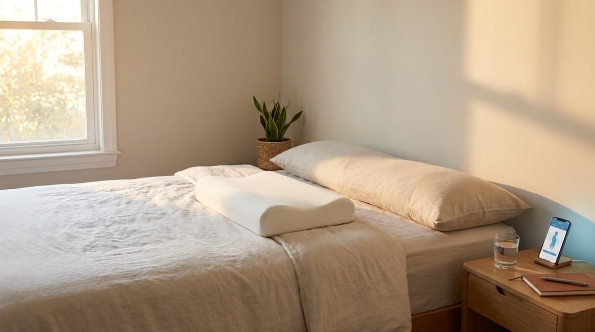 Memory foam cervical support pillow on a neatly made bed beside a smartphone sleep tracking app in a softly lit bedroom.