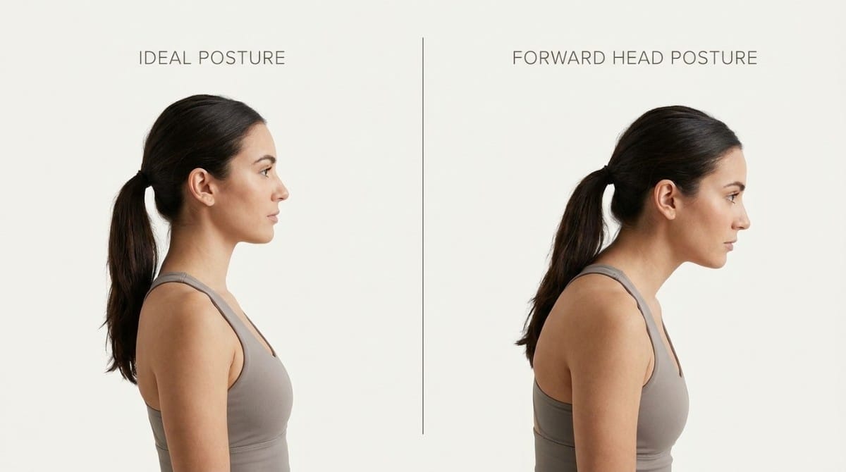 Side-by-side illustration of a woman with ideal posture versus forward head posture highlighting rounded shoulders and neck misalignment.