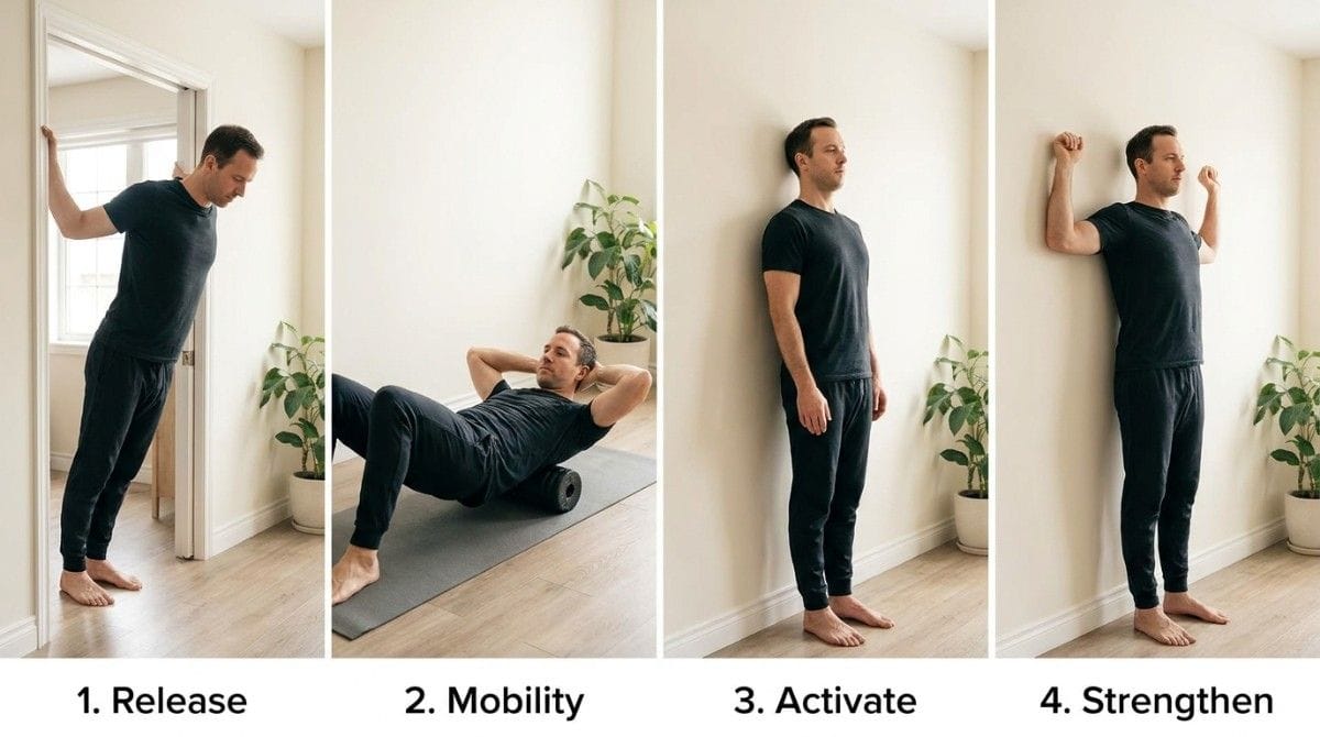 Man demonstrating a four-phase posture correction program with stretching, foam rolling, wall posture alignment, and strengthening exercises.