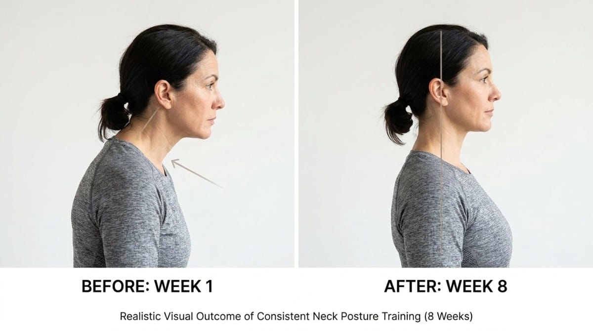 Before and after comparison showing visible improvement in neck posture and head alignment after eight weeks of posture correction exercises.