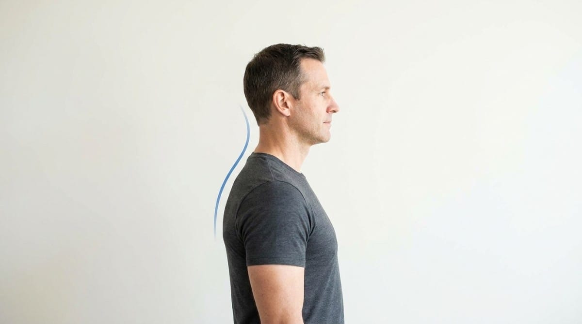 Side profile of a man standing with neutral posture while a curved line graphic highlights spinal alignment against a plain background.