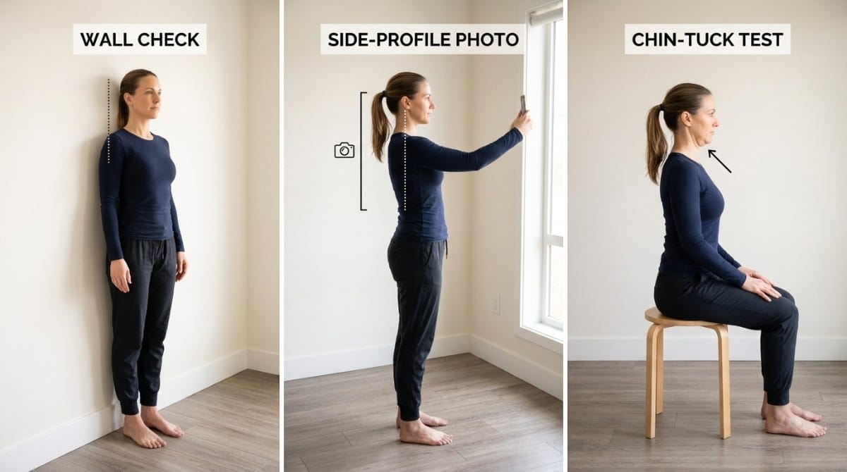 Illustration showing wall check, side-profile photo, and chin-tuck posture tests performed by a woman to assess forward head posture and spinal alignment.