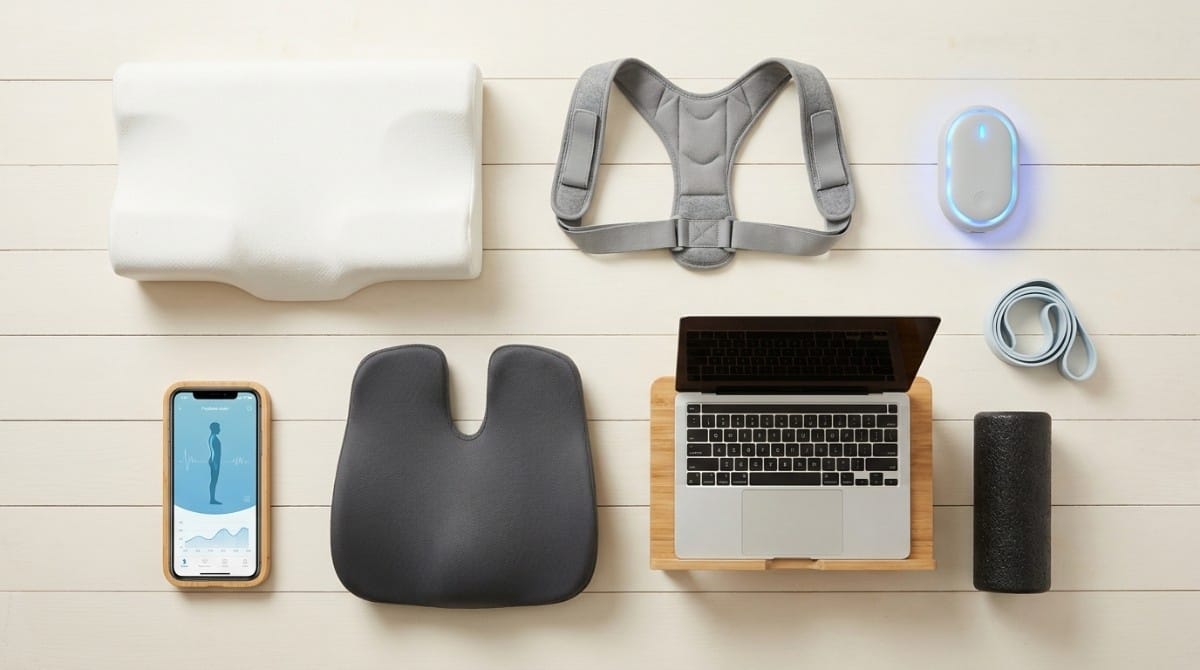 Flat lay of ergonomic posture products including a cervical pillow, posture corrector brace, seat cushion, laptop stand, foam roller, and posture tracking app.