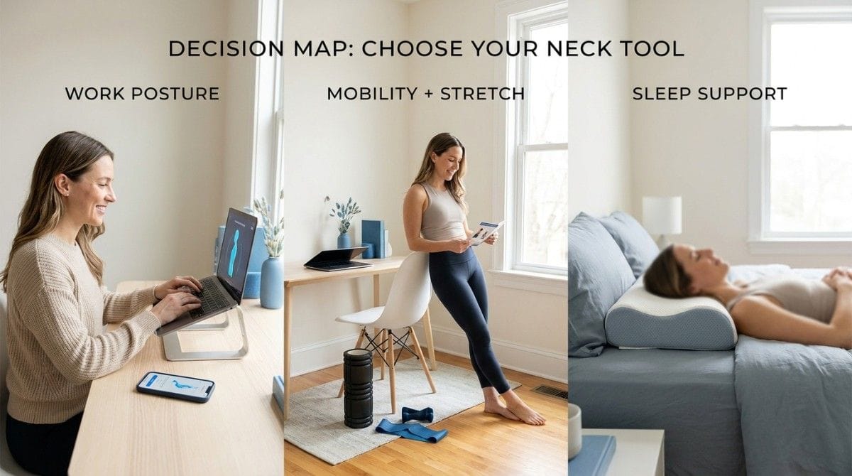 Three-panel infographic showing ergonomic work posture setup, neck mobility exercises, and cervical pillow support for better sleep and neck alignment.