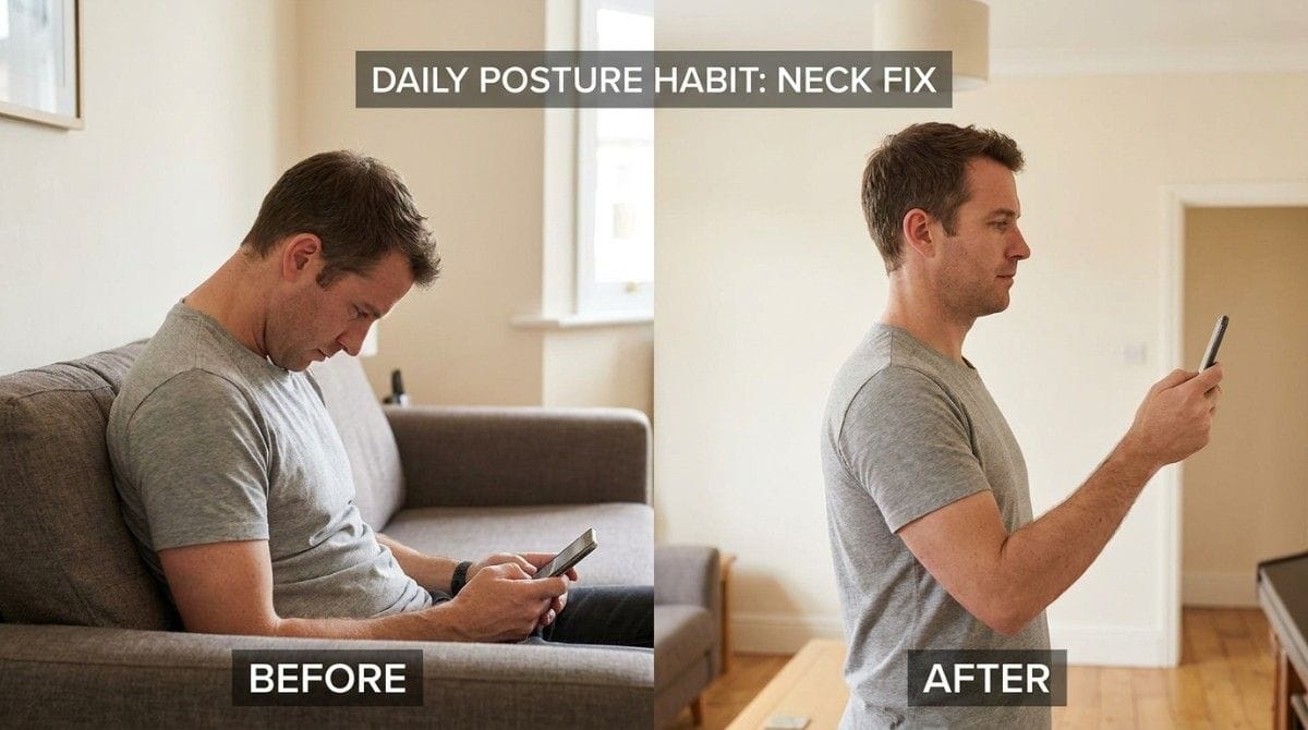 Before-and-after comparison of a man using a smartphone with poor neck posture on the left and improved upright neck posture on the right.