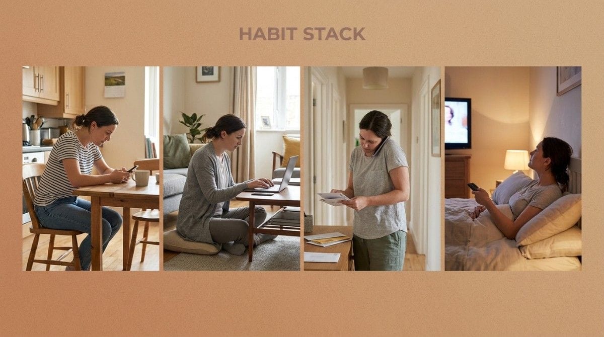Collage showing a woman practicing healthy neck posture habits throughout the day while using a phone, laptop, reading documents, and relaxing in bed at home.