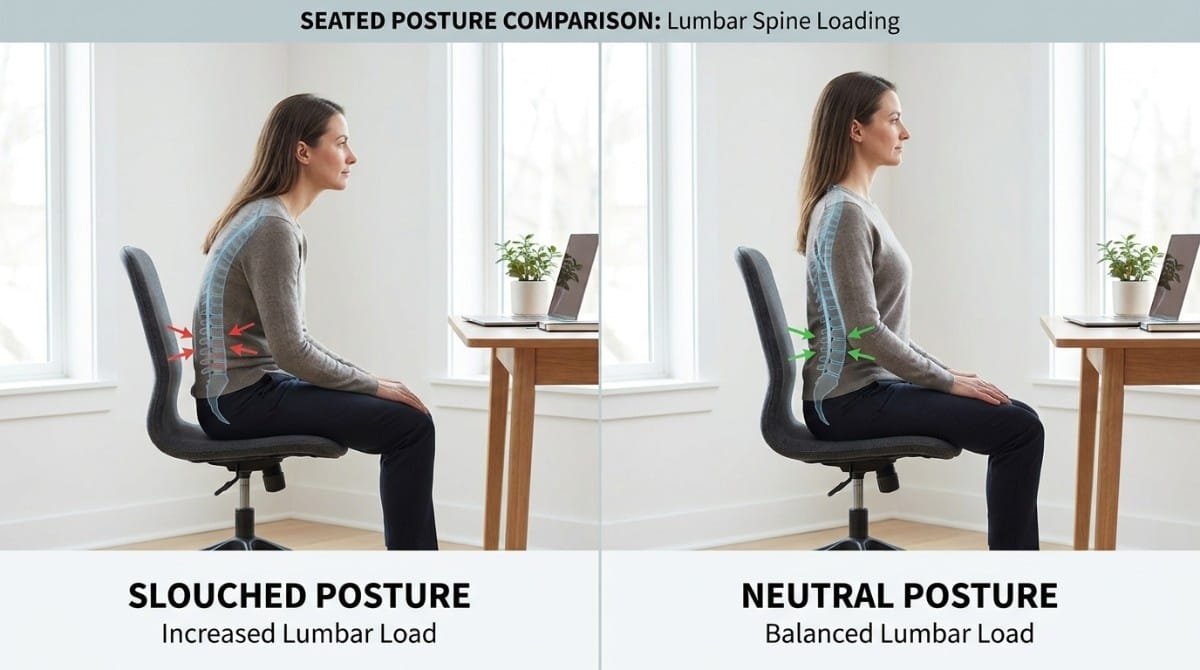 Side-by-side comparison of slouched versus neutral sitting posture showing lumbar spine loading and spinal alignment while seated at a desk.