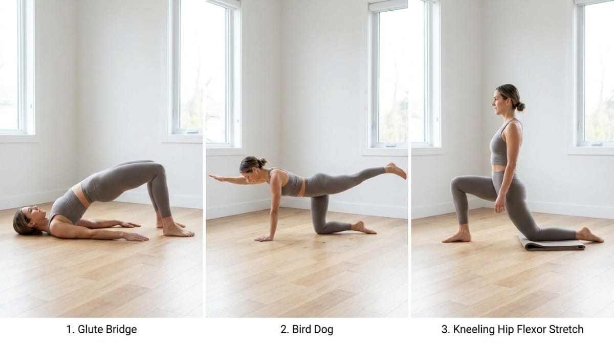 Three-panel fitness illustration showing a woman performing glute bridge, bird dog, and kneeling hip flexor stretch exercises indoors.