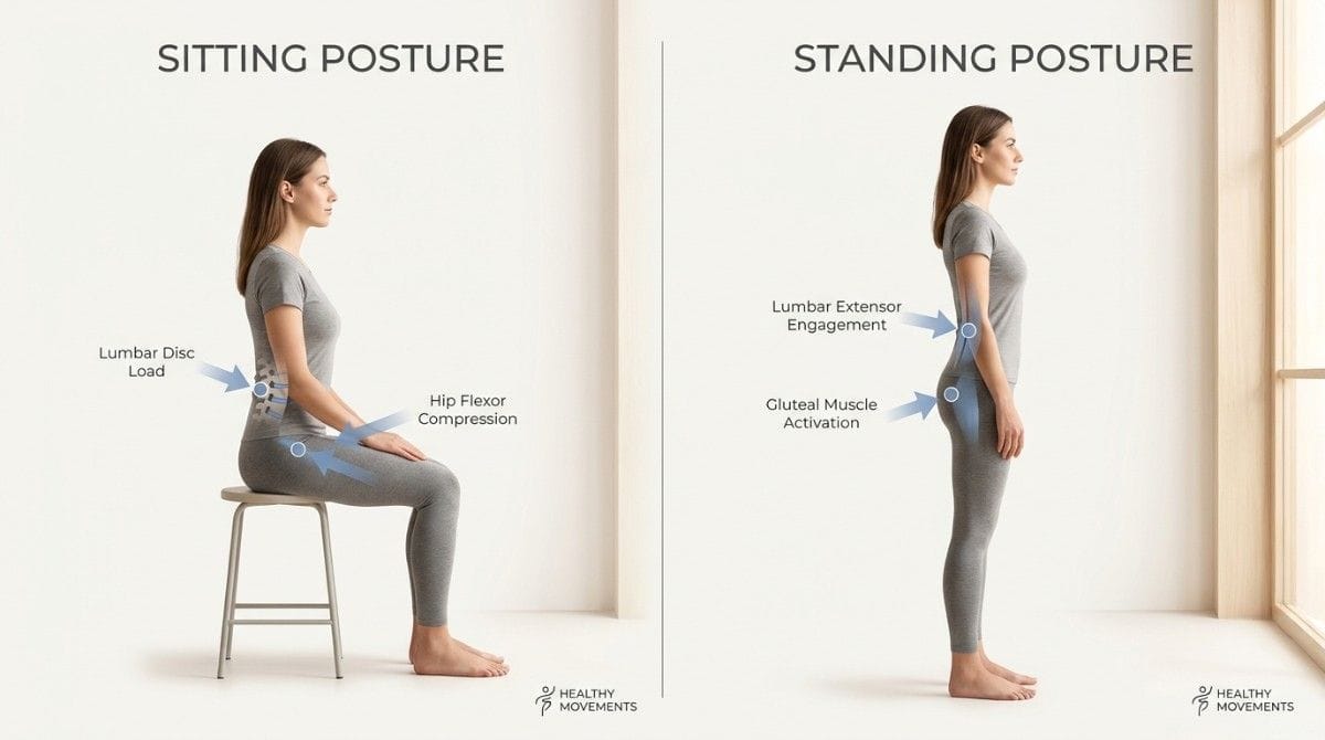 Educational posture comparison showing sitting posture versus standing posture with labels explaining spinal load and muscle engagement.