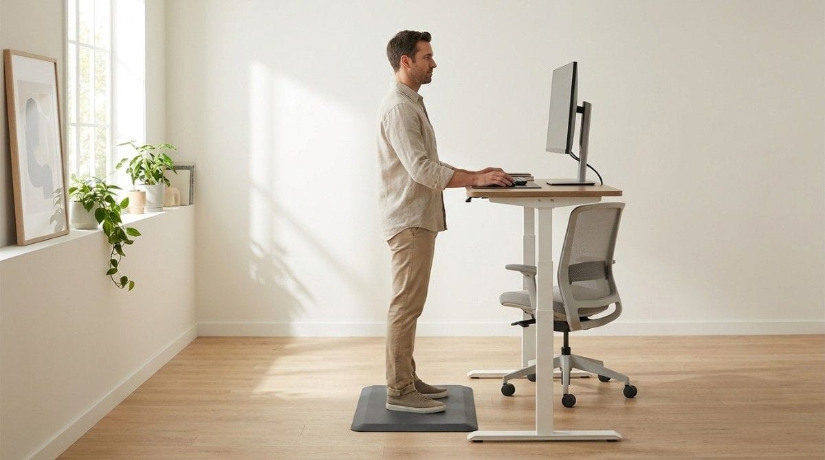 Man working at a minimalist standing desk setup in a bright home office with ergonomic posture and natural sunlight.
