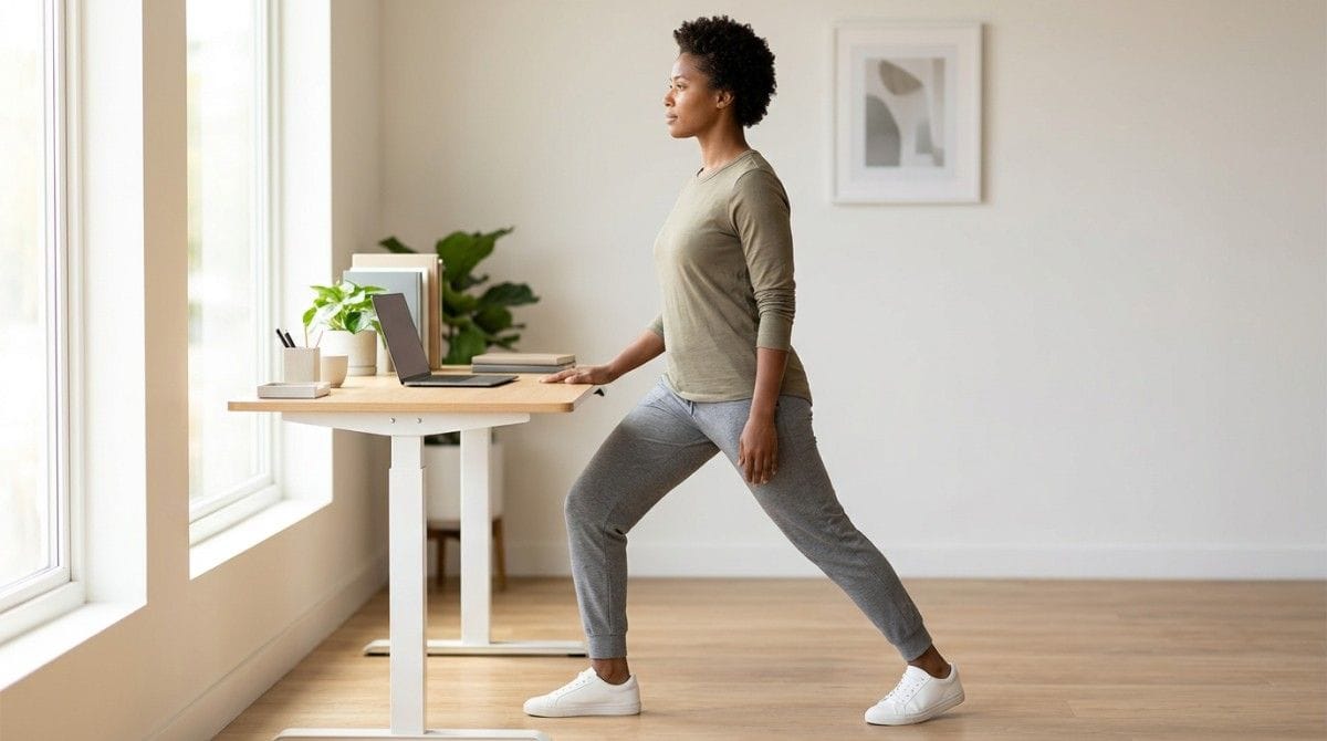 Person performing a standing hip flexor stretch beside a desk with one leg extended behind.