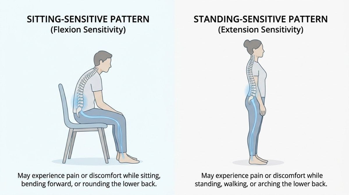 Diagram comparing sitting-sensitive and standing-sensitive back pain patterns with posture illustrations and symptom descriptions.