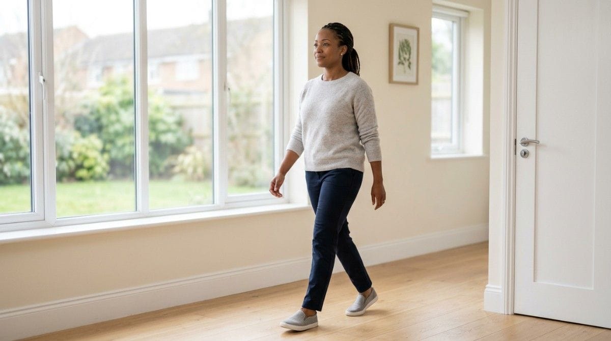 Person walking indoors with an upright posture, demonstrating a gentle walking break for back pain relief.