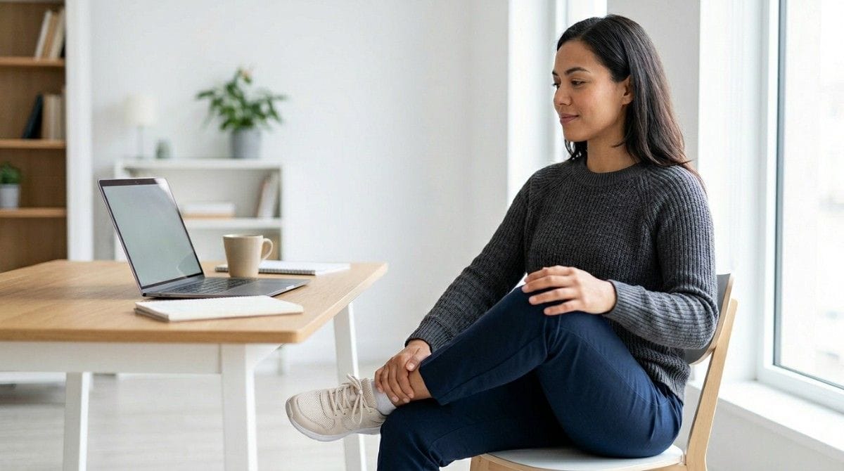 Person performing a seated figure-4 stretch at a desk to improve hip mobility and reduce piriformis tightness.