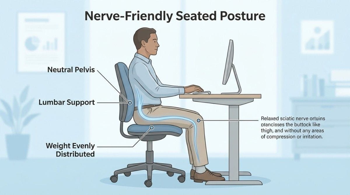 Illustration of proper seated posture showing neutral pelvis, lumbar support, and even weight distribution at a desk.