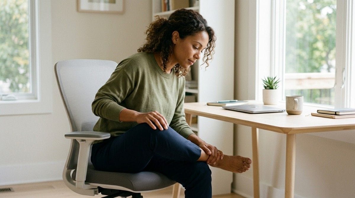 Person performing a seated sciatic nerve glide by extending one leg and reaching toward the foot while sitting in an office chair.