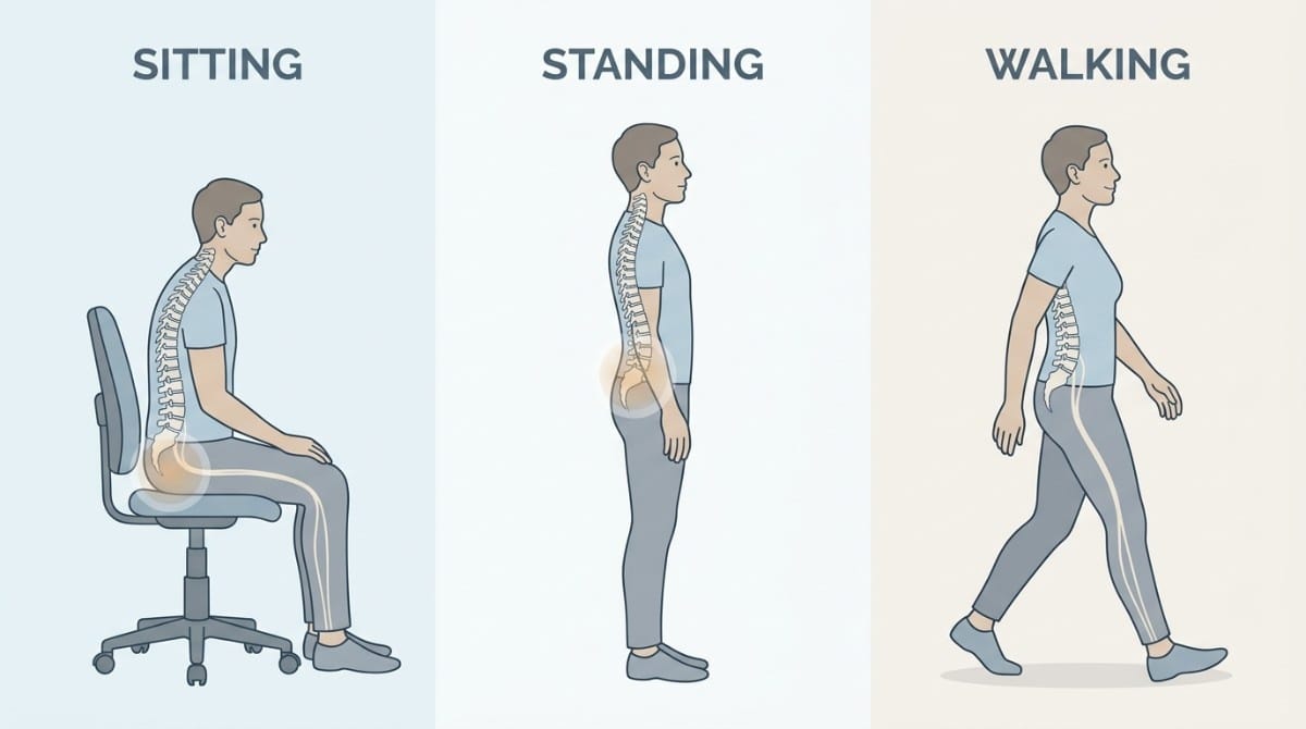Illustration comparing sitting, standing, and walking postures to show how movement affects the lower back and sciatic nerve.