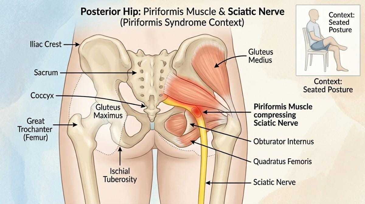 Anatomical diagram showing the piriformis muscle compressing the sciatic nerve in the posterior hip.