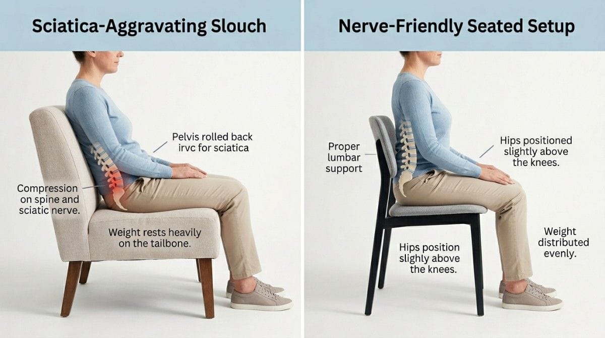 Side-by-side comparison of slouched versus ergonomic sitting posture, highlighting lumbar support and proper hip alignment.