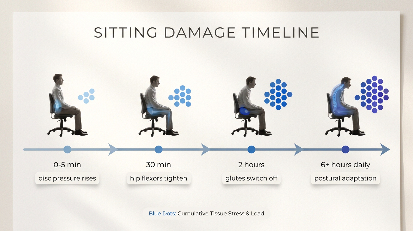 Infographic illustrating the effects of prolonged sitting, including increased disc pressure, tight hip flexors, inactive glutes, and postural adaptation over time.