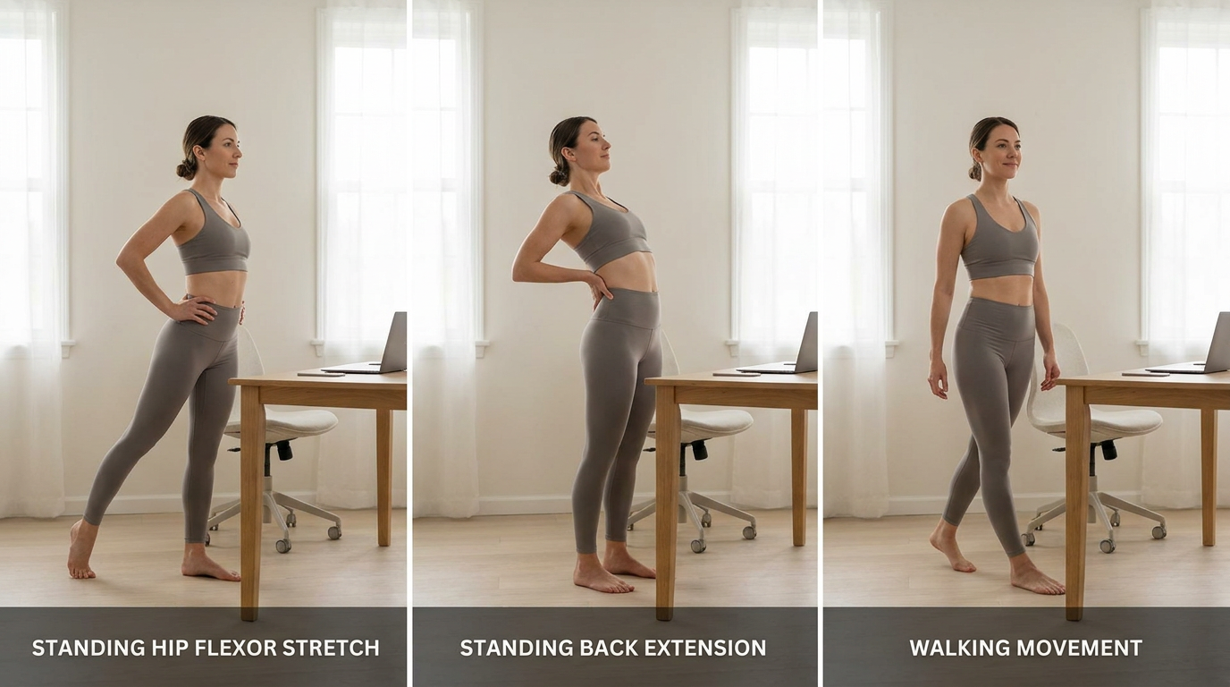 Woman performing a hip flexor stretch, back extension, and walking movement beside a desk to counter the effects of prolonged sitting.