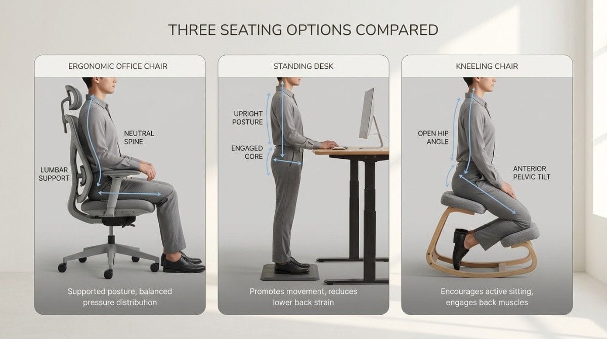 Infographic comparing three seating options—ergonomic office chair, standing desk, and kneeling chair—highlighting posture alignment, spinal support, and movement benefits.