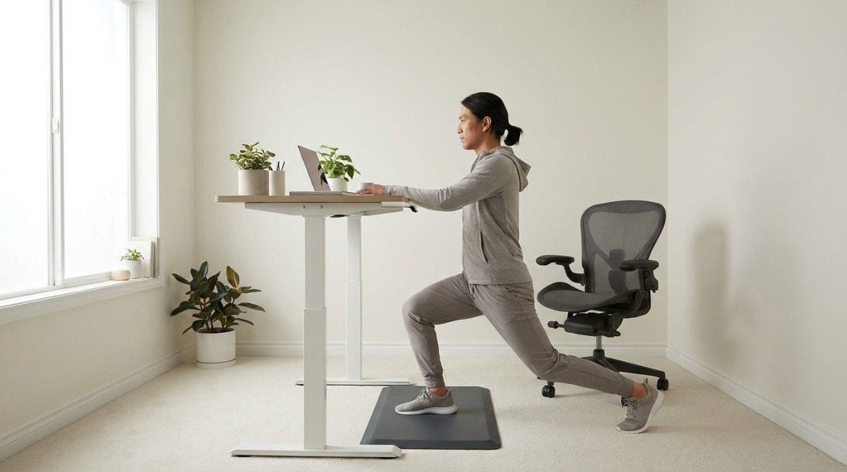 Person performing a lunge stretch at a standing desk in a bright home office, with an ergonomic chair positioned nearby.