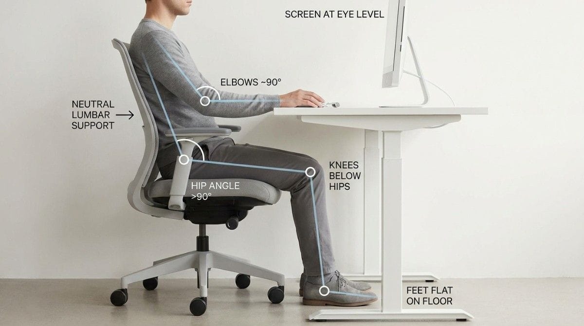 Ergonomic workstation diagram showing correct sitting posture, including lumbar support, elbows at 90 degrees, screen at eye level, and feet flat on the floor.