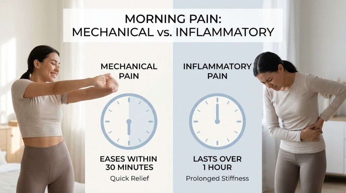 Infographic comparing mechanical and inflammatory morning pain, showing that mechanical pain improves within 30 minutes while inflammatory pain lasts longer than one hour.