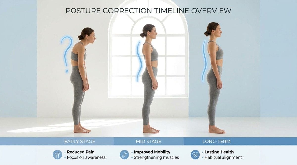 Infographic illustrating a posture correction timeline from early-stage poor posture to improved alignment and long-term postural health.