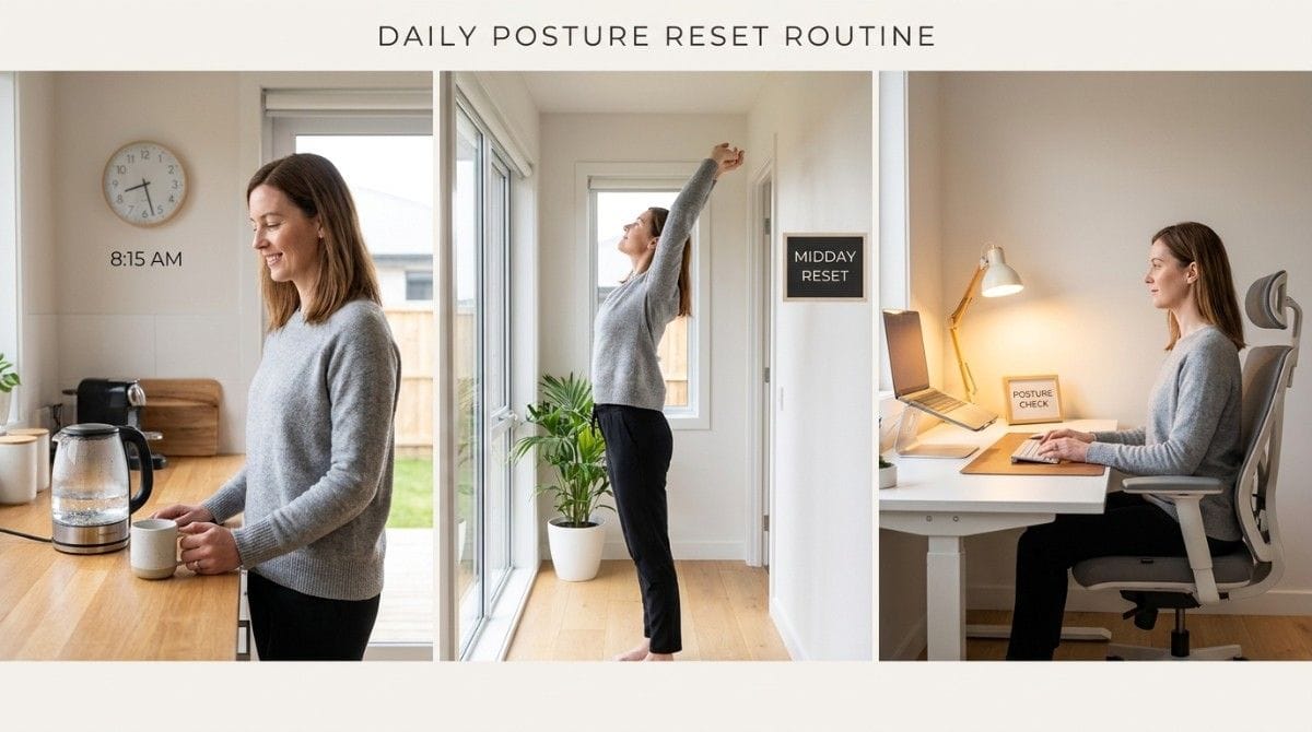 Three-panel infographic showing a daily posture reset routine with morning standing, midday stretching, and proper desk posture.