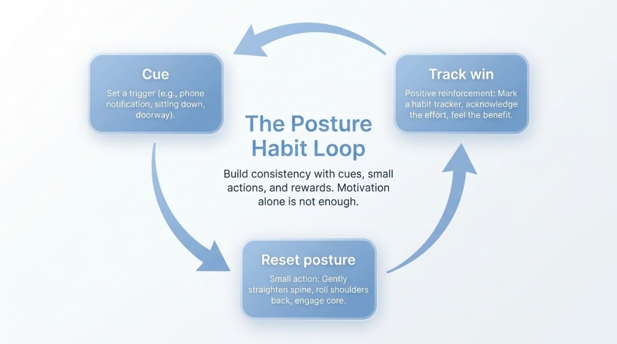 Diagram illustrating the posture habit loop: cue, posture reset, and reward, creating a cycle of consistent posture improvement.