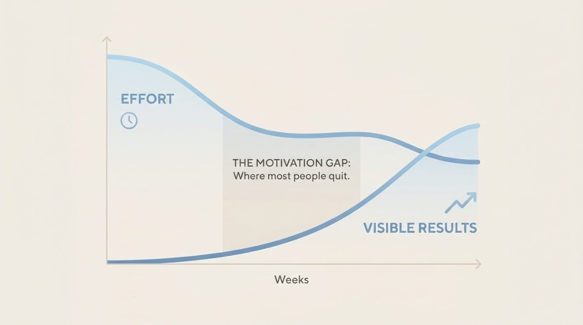 Graph showing effort decreasing and visible results increasing over time, highlighting the motivation gap during habit formation.