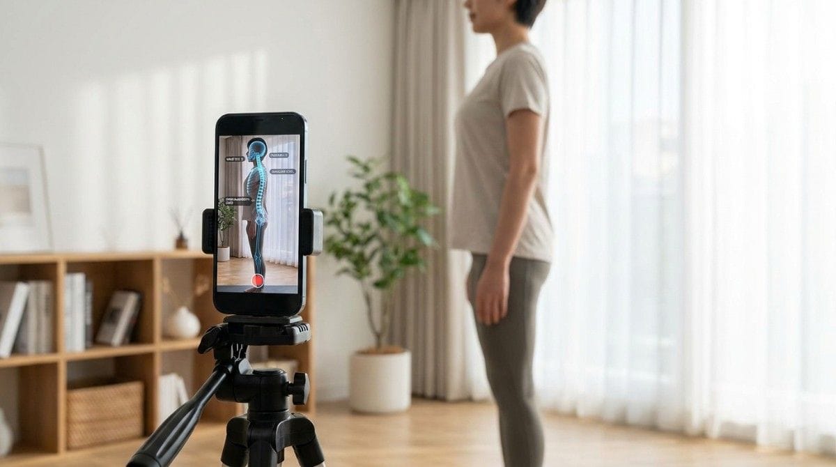 A smartphone mounted on a tripod scans a person standing sideways, displaying a digital posture assessment with body alignment markers.